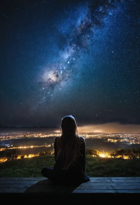 Octane, null, star (null), scenery, starry null, night, One girl, night null, alone, Outdoor, building, cloud, milky way, Sitting, wood, Long Hair, city, silhouette, cityscape