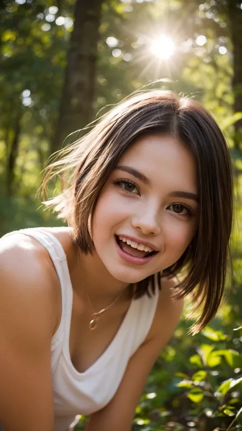 beautiful girl, (((((small)))), Show faces, tongue sticking out, short hair, brown, 8ก, Professional photography, delicate, clear, In the forest, sun, light leak, Masterpiece, (beautiful)))), (reality)))), smile, amazing, angel, young