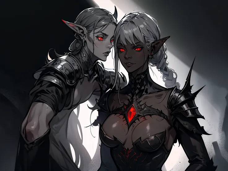 1girl, horror, dark elf princess, elden ring, (dark grey skin:1.5), true white long ponytail, ((perfect red eyes)), elf ears, earrings, detailed blood, highly detailed mechanical horns, (small breasts), ((black gothic prom dress)), wearing black fur cloak,...