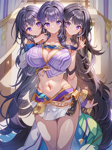 (masterpiece, best quality), best resolution, (3heads:1.5), 1girl, FEKarla, black hair, flowing hair, smiling, soft smile, open belly, light purple-white crop top, light purple miniskirt, open breasts, very huge tits, sexy pose, beautiful eyes, headband, b...