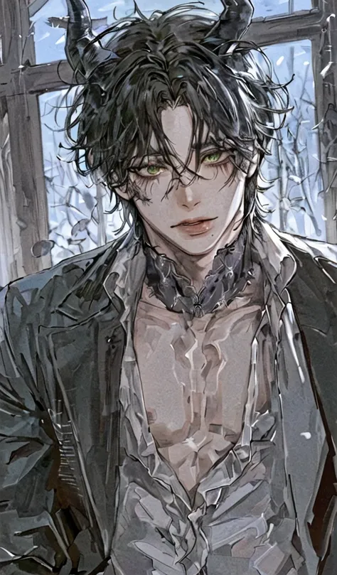 1 men,portraite, messy big hair, Bblack hair, green eyes, Beautiful Mouth, Caucasian skin, vampire appearance, demon horns,grimdark