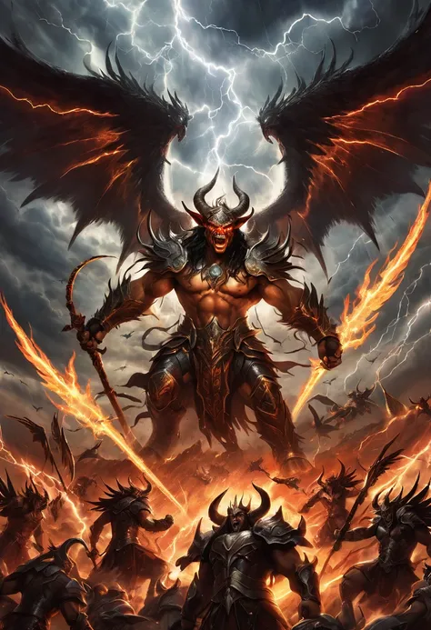 Satan, with fiery horns and a menacing grin, battles a legion of winged angels in a dramatic, apocalyptic landscape with dark clouds and lightning bolts illuminating the sky.