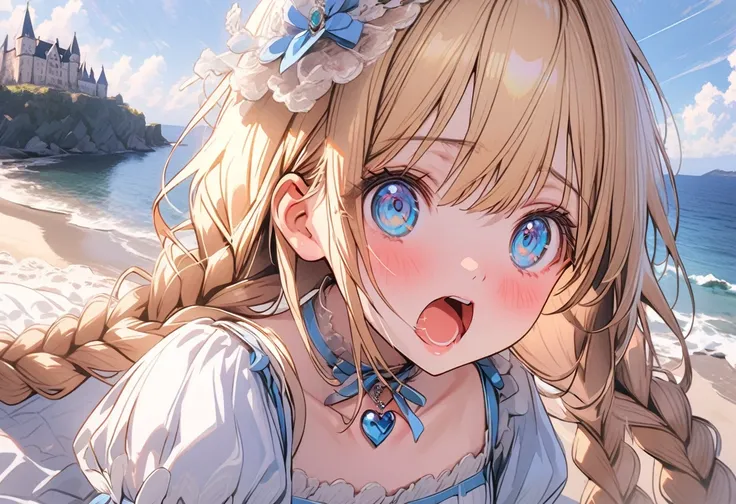 1female(princes,cute,kawaii,age of 20,long braid hair,blonde,eye color ocean blue,big eyes,dynamic pose,open mouth loud,lost her voice,wearing beautiful heart neck dress,suffer,scared,confused,(hold her throat),looking away,looking up), BREAK ,background(c...