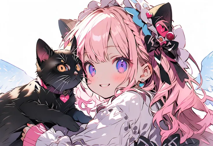 2females(small kid,cute,kawaii,age of 10,2pigtails hair,curly hair,hair color cosmic,big eyes,eye color cosmic,cute dress,[cat ear:1.8],smile,cute pose,long shot) AND 2females(cat,kitten) BREAK ,background(inside,messy room,cute room,many kitten), BREAK ,q...