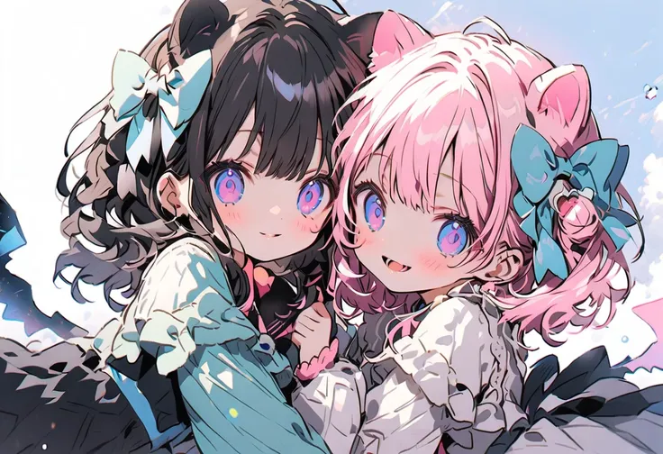 2females\(small kid,cute,kawaii,age of 10,2pigtails hair,curly hair,hair color cosmic,big eyes,eye color cosmic,cute dress,[cat ...