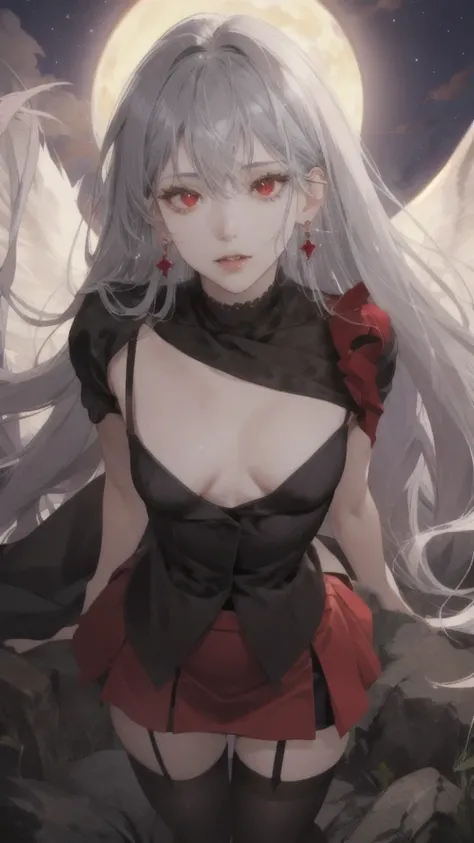 Realistic、(Highest quality,Very detailed,High resolution:1.2),One Girl,Gray Hair,The most beautiful girl in human history,暗い red eyes (暗いred eyes:1.1),さみし気な aura(aura:1.1),(mysterious,Ghostly:1.1) atmosphere,Looks like half a demon,(Demonic traits,Demonic ...