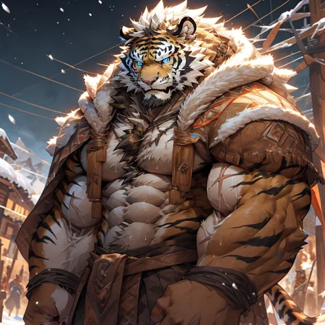 sweaty muscular snowy swan feathers heavy snow winter village furry anthropomorphic chest hair serious face（Scars on the face） Mature （blue eyes）Huge muscle ripped abs wild，Tribal Ambition Tiger Tribal Tiger in plain clothing