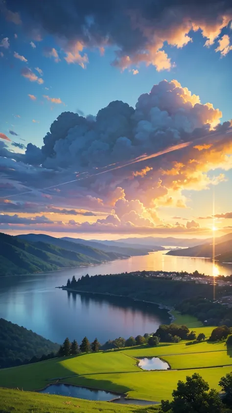 A beautiful blue sky, dramatic sunset, glowing clouds, detailed landscape, rolling hills, lush greenery, serene lake, reflection, dramatic lighting, painterly style, vibrant colors, photorealistic, 8k, high quality, masterpiece