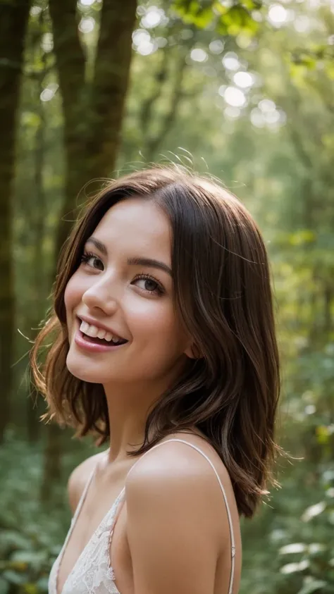 beautiful girl, (((((small)))), Show faces, tongue sticking out, short hair, brown, 8ก, Professional photography, delicate, clear, In the forest, sun, light leak, Masterpiece, (beautiful)))), (reality)))), smile, amazing, angel, young, bare