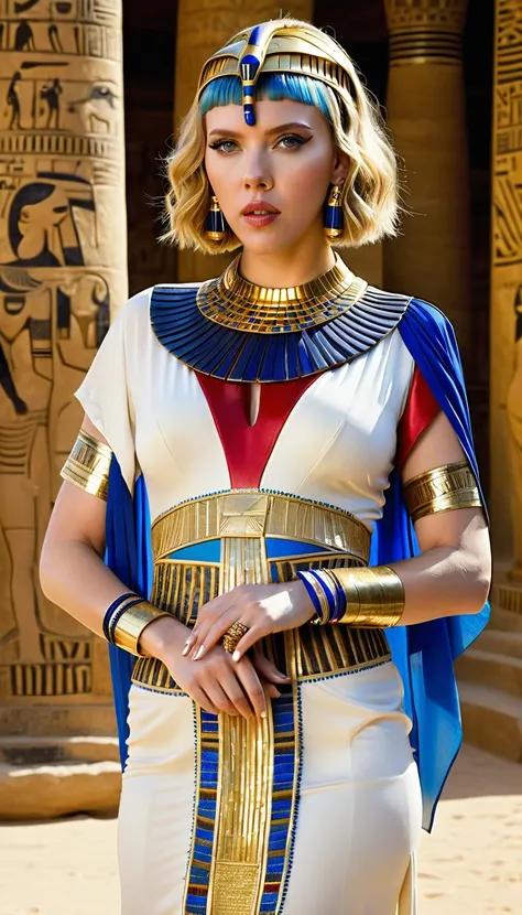 {
  "Full body and front view picture of Scarlett Johansson doing a cosplay of Cleopatra,",
  "camera_angle": "Full body, front view, focusing on the entire outfit and accessories,",
  "outfit": "golden and white Egyptian dress with intricate beadwork, roy...