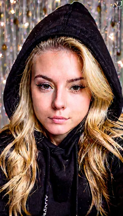 selfie picture of a blonde girl in her 20s, emotionless, wearing black hoodie