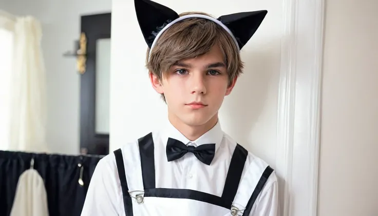 Teen boy, normal body, maid costume, boy cat ears, boy on miror