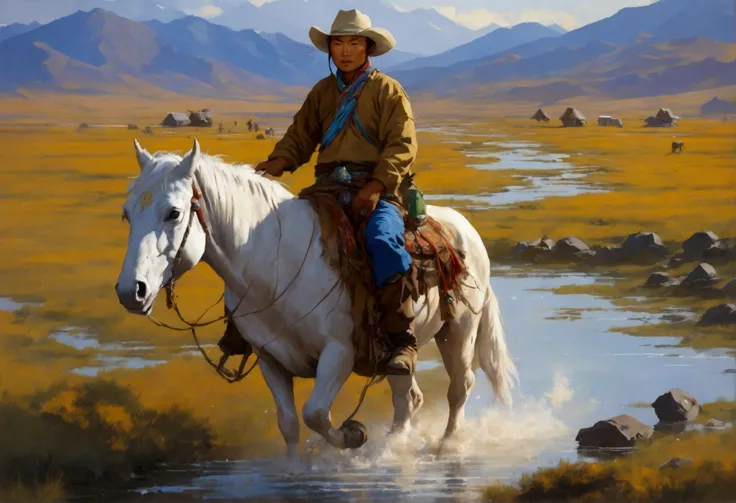 A stout Mongolian man (age 25, dirty and dingy, cowboy outfit dirty but mainly white) riding a white pony, she is part if a cattle drive crossing a stream, rolling plains
