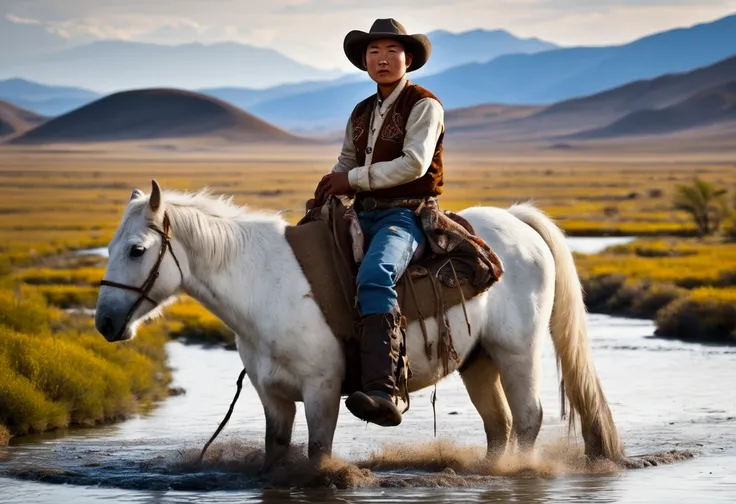 A stout Mongolian man (age 25, dirty and dingy, cowboy outfit dirty but mainly white) riding a white pony, she is part if a cattle drive crossing a stream, rolling plains
