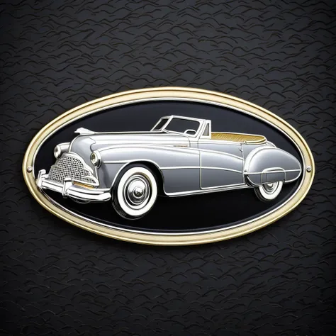 Emblem in the shape of a retro automobile, gold-colored and silver, with an uneven silver front, oval plate, patterned on a black background.