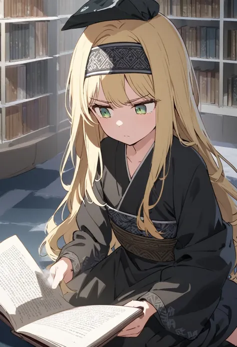 blonde，Long hair，Wears a headband on his head，Green eyes，Wearing black traditional dress，flat chest，little girl，Background library，Kneeling，Reading，Poker face，Cold，Thinking about problems，Serious Face