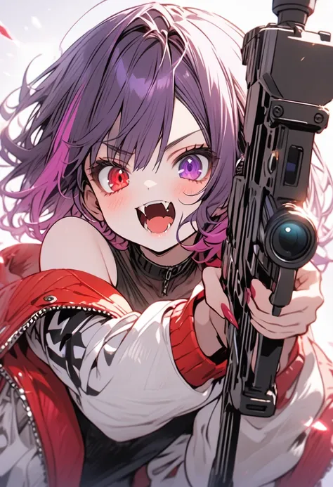 high resolution ,cute ,One Woman , Purple Hair, Two-tone red ,short hair , Fangs Beautiful Eyes ,Red and purple heterochromia ,♰Eyes and shoulders are protruding ,Jacket ,Possessing a sniper rifle ,Pointing a gun