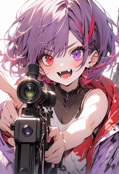 high resolution ,cute ,One Woman , Purple Hair, Two-tone red ,short hair , Fangs Beautiful Eyes ,Red and purple heterochromia ,♰Eyes and shoulders are protruding ,Jacket ,Possessing a sniper rifle ,Pointing a gun