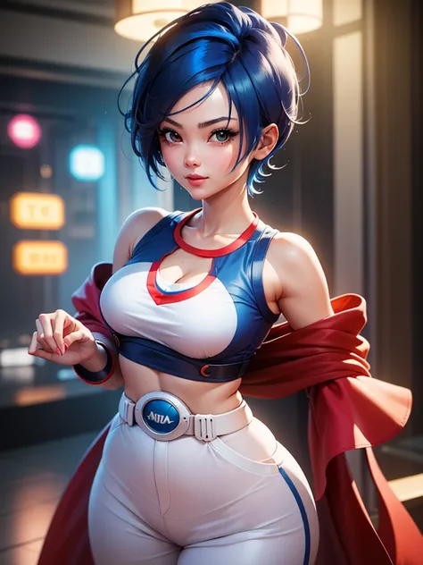 (at night), in a video game scene a background of a beautiful city during the day raining, standing at attention, semi-short blue hair, blouse with an anime frog face, white flared pants, wears blue exercise gloves, round goggles on head, WEARS a RED scarf...