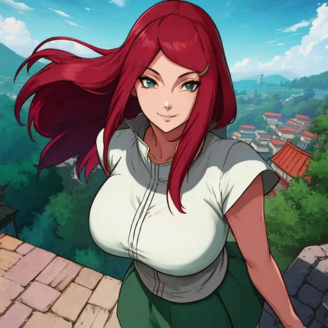 scroll_kushina, big deal_breast, permanent, alone, kushina_green_skirt, masterpiece, best quality, detailed face, delicate eyes,...