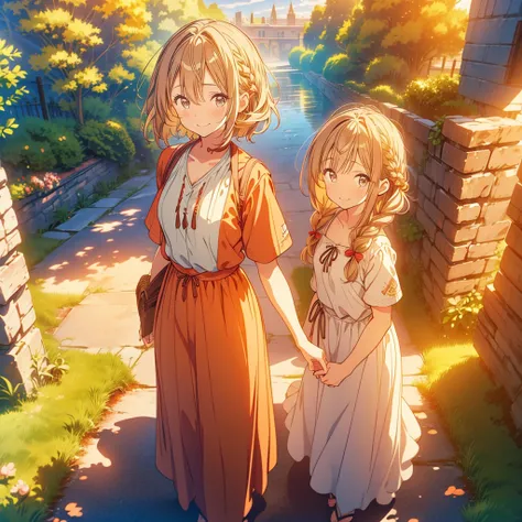 1girl,(anime coloring:1.2), best quality, looking at viewer, happy smile,short wavy hair, chestnut hair, feminine,(solid Maxi dress), (Light brown color Short sleeve Maxi dress:1.3),Medieval Europe,Ancient Village,((Fantasy)),900s AD,lively square,