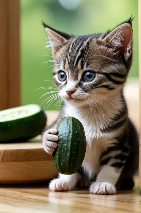 adorable tiny little kitten eating a small piece of cucumber and thoroughly enjoying it. so much that it has the cutest little smile as it eats