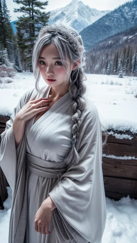 Snow Woman、Gray Hair、White kimono、long hair、Pale skin、Snow Mountain、fear、Late Night、forest