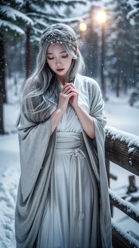 Snow Woman、Gray Hair、White kimono、long hair、Pale skin、Snow Mountain、fear、Late Night、forest