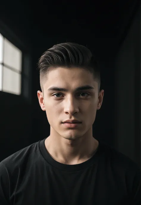 A 22 year old man, wearing a black t-shirt tight to the body, super realistico, cinematic effect, short hair in military haircut style, background with dark environment, good lighting as if it were a scene from a movie, 8k, ultra realisitic, sharp.