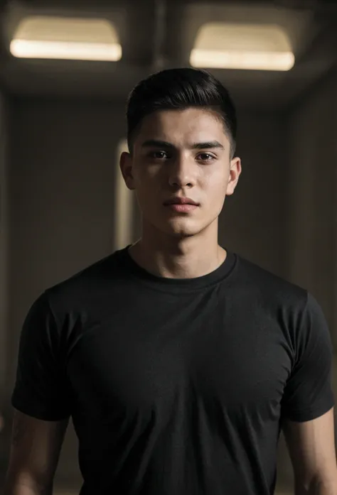 A 22 year old man, wearing a black t-shirt tight to the body, super realistico, cinematic effect, short hair in military haircut style, background with dark environment, good lighting as if it were a scene from a movie, 8k, ultra realisitic, sharp.