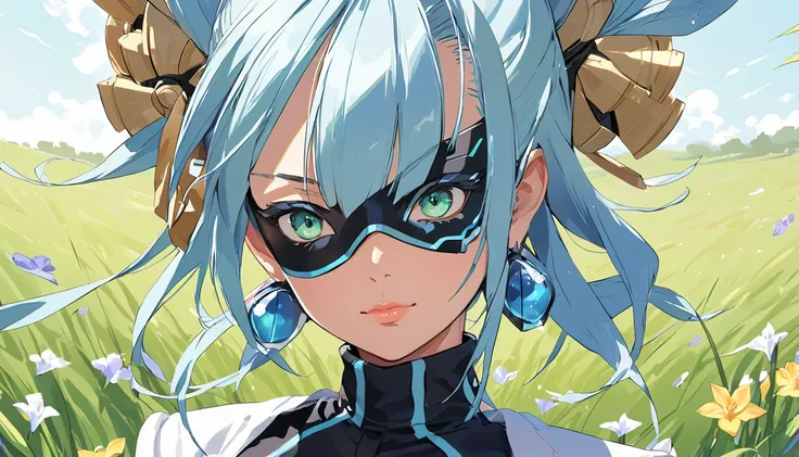 mikumari \(xenoblade\)masterpiece, highest quality, ((1 person)),blue hair,green eyes,serious expression, smile,upper body,line ...