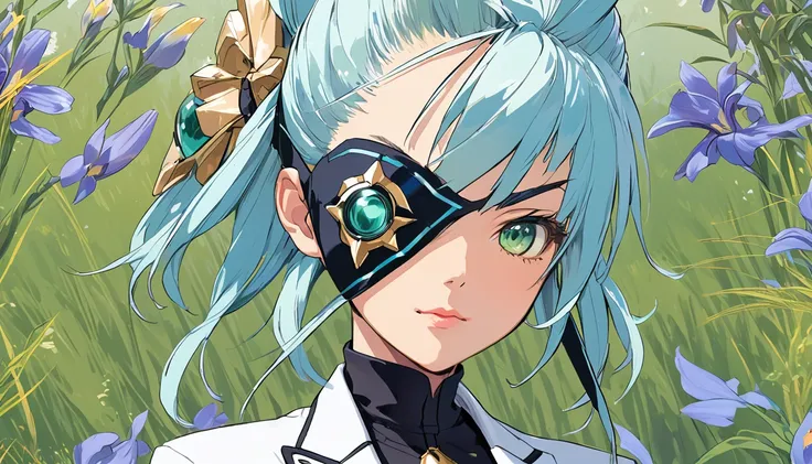 mikumari \(xenoblade\)masterpiece, highest quality, ((1 person)),blue hair,green eyes,serious expression, smile,upper body,line ...