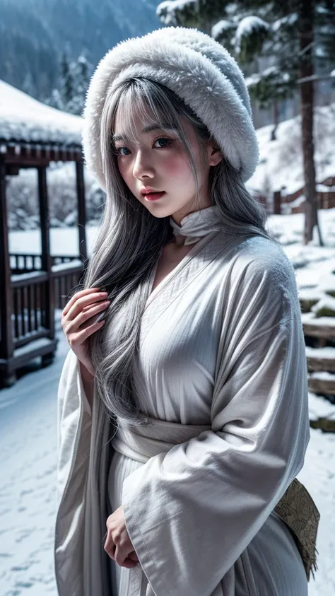 Snow Woman、Gray Hair、White kimono、long hair、Pale skin、No accessories、Snow Mountain、fear、Late Night、forest