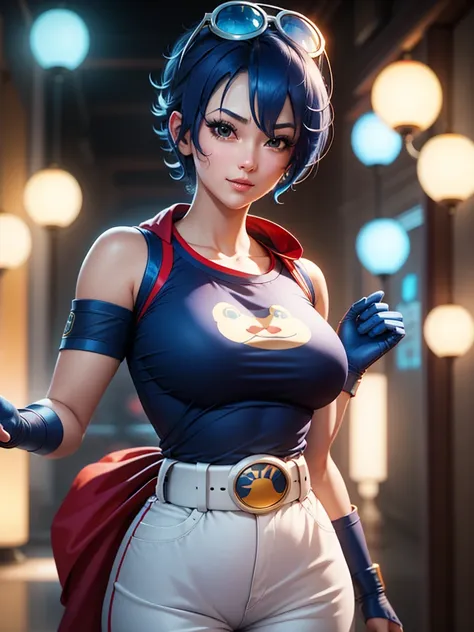 (at night), in a video game scene a background of a beautiful city during the day raining, standing at attention, semi-short blue hair, blouse with an anime frog face, white flared pants, wears blue exercise gloves, has round goggles on her head, WEARS a R...