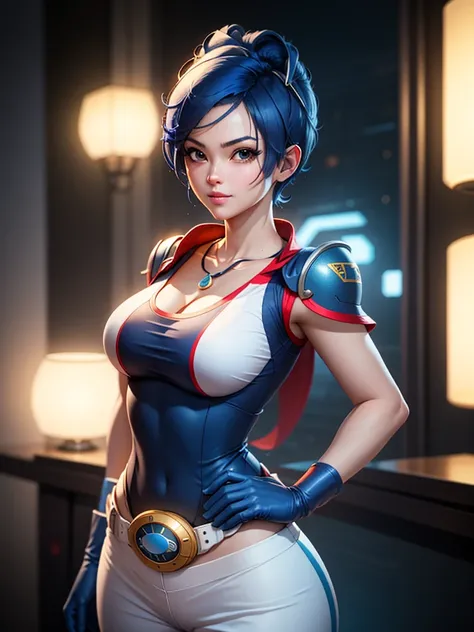 (at night), in a video game scene a background of a beautiful city during the day raining, standing at attention, semi-short blue hair, blouse with an anime frog face, white flared pants, wears blue exercise gloves, has round goggles on her head, WEARS a R...