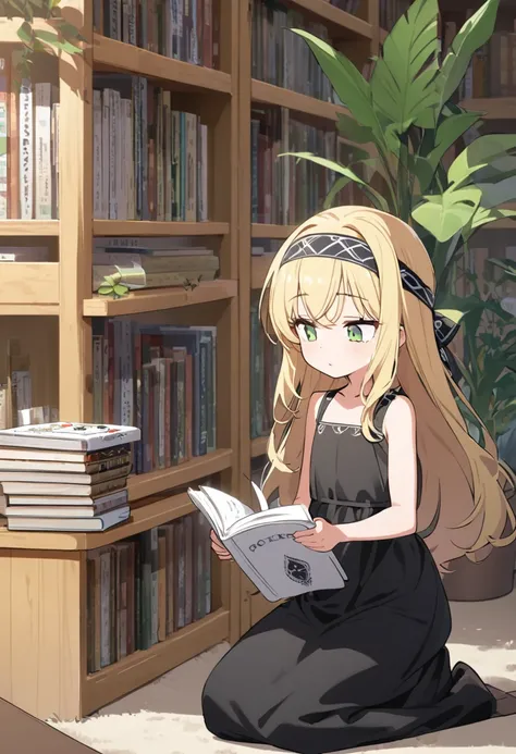 blonde，Long hair，Wears a headband on his head，Green eyes，Wearing black traditional dress，flat chest，little girl，Background library，Kneeling，Reading，Poker face，Thinking about problems，sunny，plant