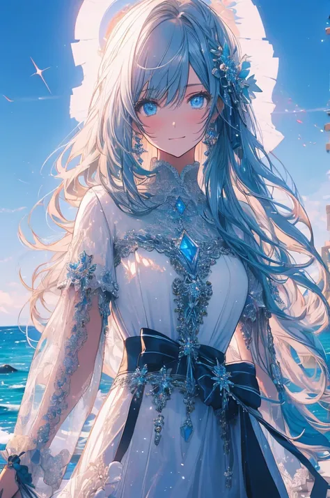 RAW Photos, Realistic, Ultra-realistic, beautiful girl, large sparkling eyes, smiling, white lace gothloli dress, standing in ocean, summer, clear blue sky, crystal clear water, flowing long smooth hair, gentle breeze, soft lighting, sun shining, 2.5D illu...