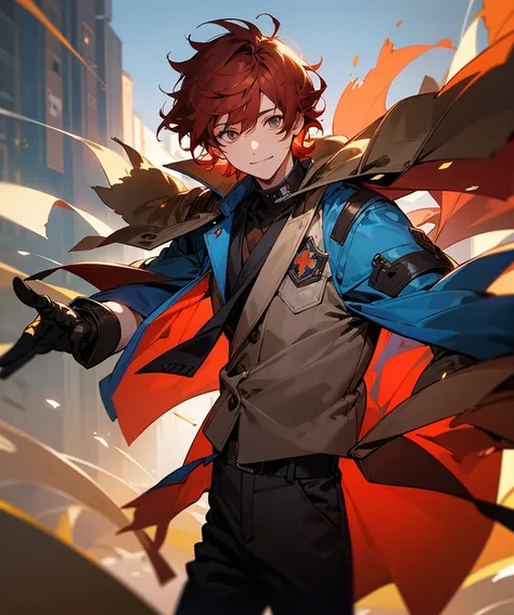 Davis Motomiya, 1 boy, short hair, red hair, brown hair, messy hairstyle, proud smile, black pants, blue jacket, looking at viewer, digital world, street, masterpiece, detailed, perfect lighting, glove on right hand