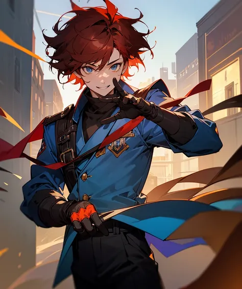 Davis Motomiya, 1 boy, short hair, red hair, brown hair, messy hairstyle, proud smile, black pants, blue jacket, looking at viewer, digital world, street, masterpiece, detailed, perfect lighting, glove on right hand