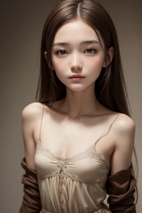 A girl with a thin face, Caucasian skin, fine nose, medium mouth, almond eyes and long dark fantasy style brown hair 