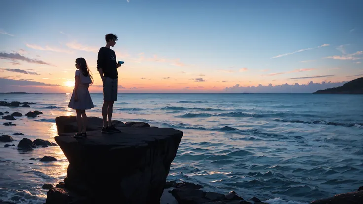 Silhouette of girl in glasses and boy in casual clothes sitting together on rocks near sea and looking at scenery, #1: Blonde Hair and Delicate Light Mix, , Blow cold smoke from your mouth, Name, summer, photography, (Hyper-photorealism), {Extremely detail...