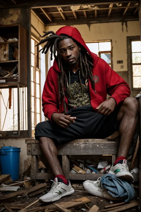 A young black dude with dreads
Carries a bilum with marijuana butt on his hand
Sitting inside a abounded home
Wearing a red hoodie with black shorts