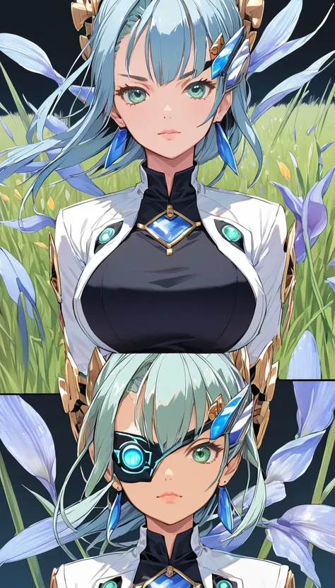 mikumari \(xenoblade\)masterpiece, highest quality, ((1 person)),blue hair,green eyes,serious expression, smile,upper body,line ...