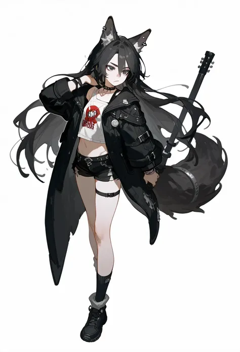 1 Girl, Black Hair,Long hair,Wolf ears wolf tail, black eyes, Tooling，Black coat，Black shorts，Leg ring，Punk style，Long socks，Full body portrait，White background