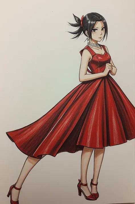 Kenma kozume from Haikyuu with an elegant red dress and silver earrings with drawing style like anime