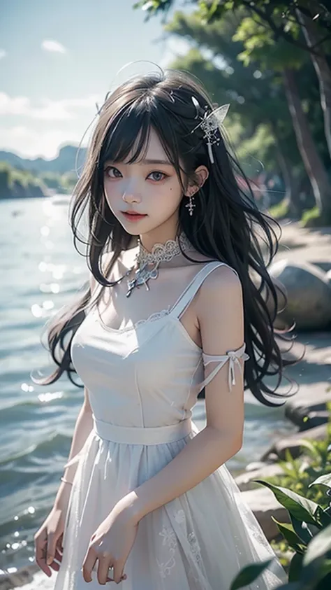 RAW Photos, Realistic, Ultra-realistic, RAW Photos, Realistic, Ultra-realistic, beautiful girl, large sparkling eyes, smiling, white lace gothloli dress, standing in ocean, summer, clear blue sky, crystal clear water, flowing long smooth hair, gentle breez...