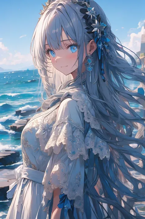 RAW Photos, Realistic, Ultra-realistic, RAW Photos, Realistic, Ultra-realistic, beautiful girl, large sparkling eyes, smiling, white lace gothloli dress, standing in ocean, summer, clear blue sky, crystal clear water, flowing long smooth hair, gentle breez...