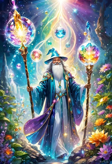 The wizards are wearing robes and smiling. They have magical walking sticks with sparkling jewels on the tip. They are in white light. Healing through light, a world of crystals, heaven, space, herbs, fantasy, colorful spheres of light floating in the air,