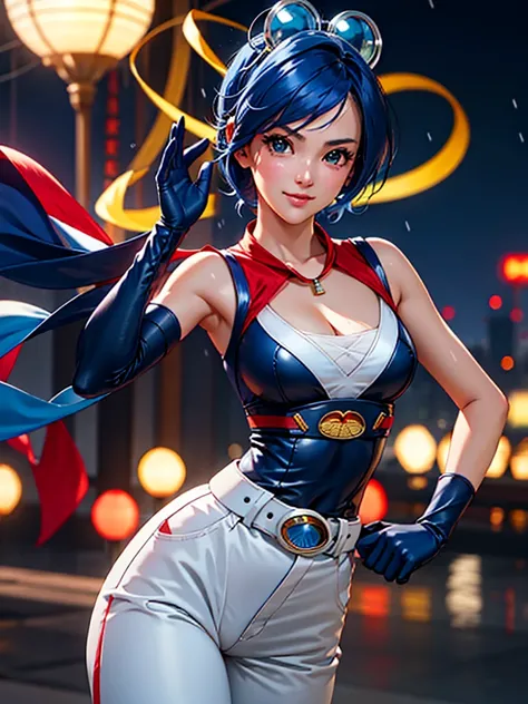 (at night), in a video game scene a background of a beautiful city during the day raining, standing at attention, semi-short blue hair, blouse with an anime frog face, white flared pants, wears blue exercise gloves, has round goggles on her head, WEARS a R...