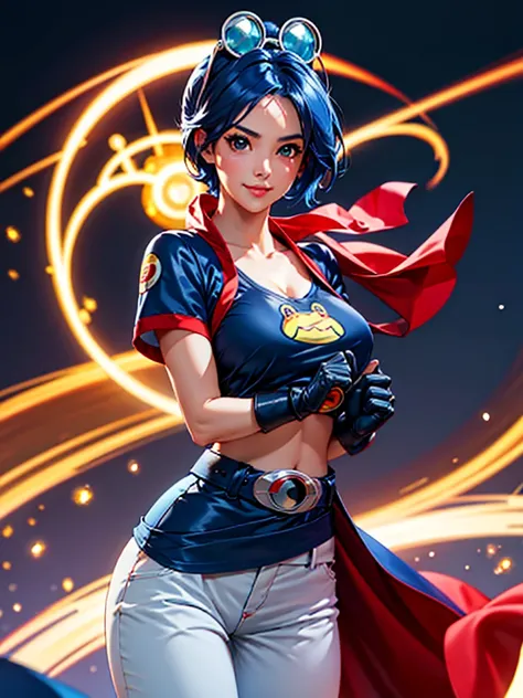 (at night), in a video game scene a background of a beautiful city during the day raining, standing at attention, semi-short blue hair, blouse with an anime frog face, white flared pants, wears blue exercise gloves, has round goggles on her head, WEARS a R...